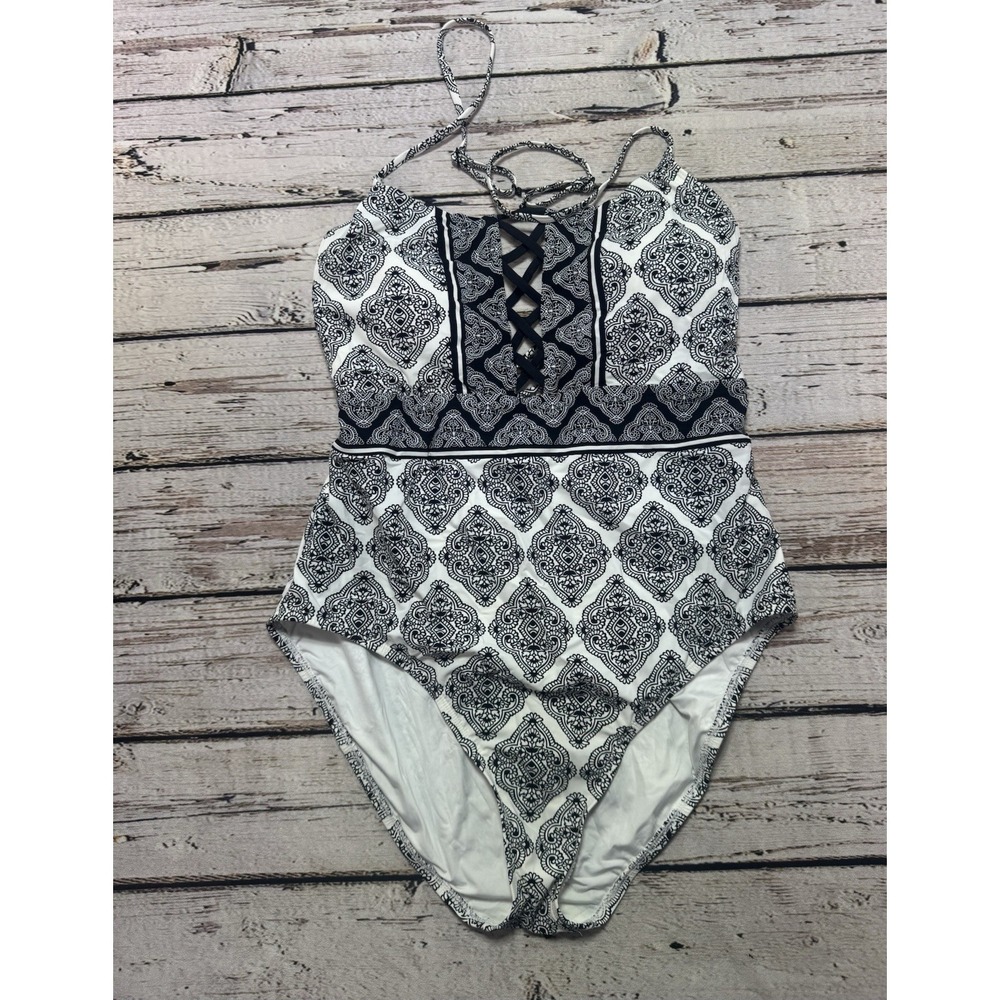 LA BLANCA Black White Strappy Back‎ One Piece SwimSuit 14